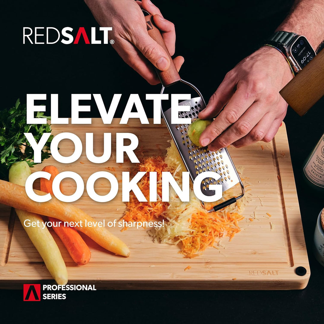 REDSALT® Premium Parmesanreibe mit Holzgriff | rasiermesserscharfe Profi Julienne Edelstahl Reibe fü