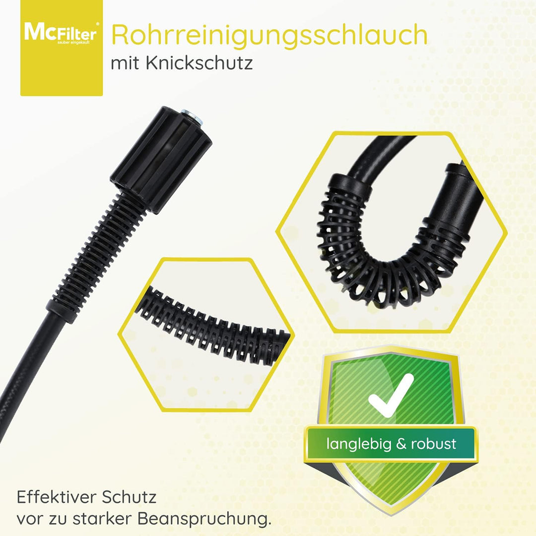 McFilter | Rohrreinigungsschlauch, 10m, 160-200 bar, inkl. Adapter, Düsen starr + rotierend, kompati
