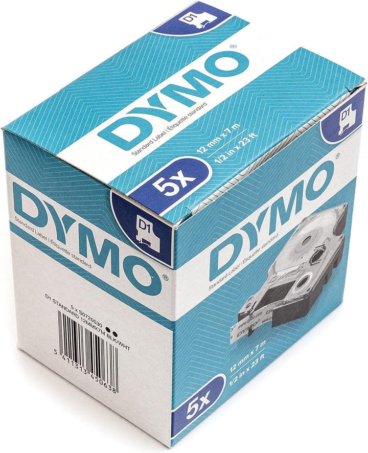 Dymo D1-Standard-Kennzeichnungsband 45013 (S0720530) 12 mm x 7 m, schwarz auf weiss, 5 Stück