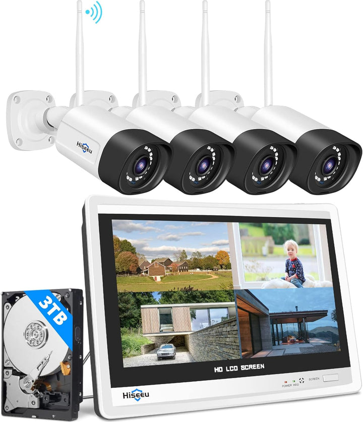 【5MP+3TB Festplatte】 Hiseeu Überwachungskamera Set Aussen WLAN mit 12''Monitor 10CH Wireless NVR,4 P