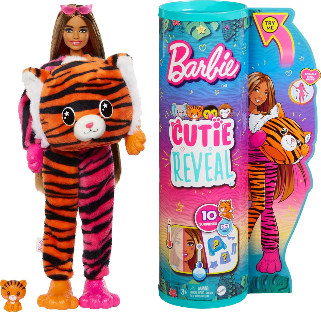 Barbie Cutie Reveal, bewegliche mit Tiger-Accessoires, 10 Überraschungen, Tierspielzeug, Farbwechsel