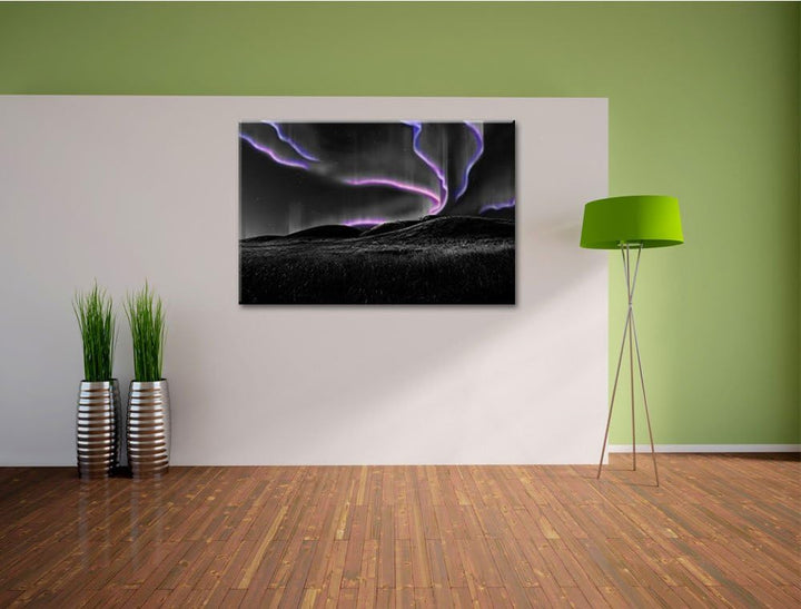 Polarlichter über Hügeln schwarz/weiss Format: 100x70 auf Leinwand, XXL riesige Bilder fertig gerahm