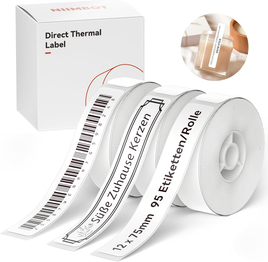 NIIMBOT Thermo Etiketten Selbstklebend, 12 x 75mm Etikettendrucker Thermopapier Kompatibel mit dem D