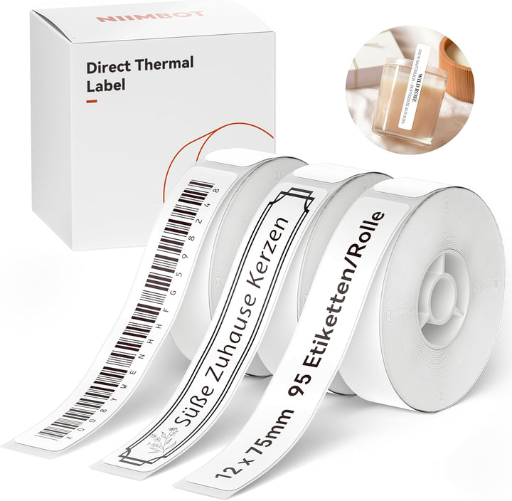 NIIMBOT Thermo Etiketten Selbstklebend, 12 x 75mm Etikettendrucker Thermopapier Kompatibel mit dem D