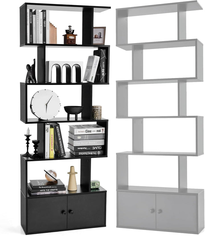 HOMASIS Bücherregal mit 5 Ebenen, Standregal mit Schrank & 2 Türen, Aufbewahrungsregal aus Holz, Wan