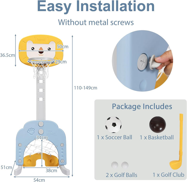 HOMASIS 3 in 1 Kinder Basketballkorb Set, multifunktionaler Basketballständer mit Fussballtor & Golf