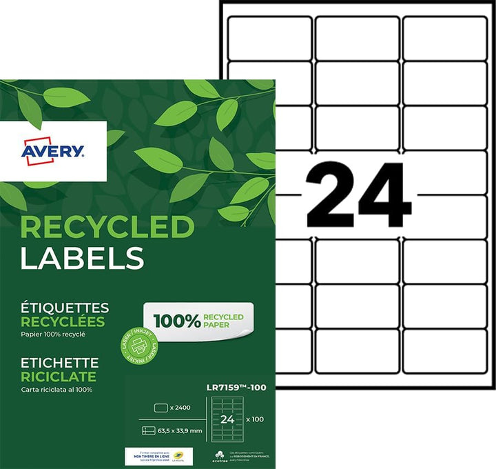 Avery LR7651-100 Klebeetiketten, 63,5 x 33,9 mm, aus zu 100 % recycelten Materialien 63,5 x 33,9 mm,