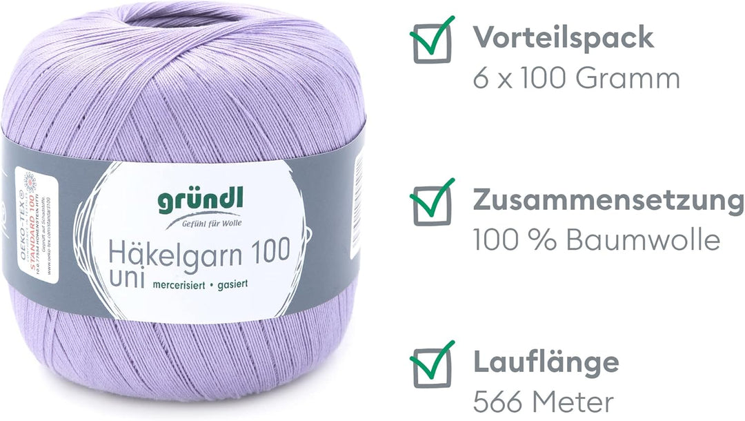 Gründl 100 Häkelgarn, Baumwolle, flieder, 6 x 100 g, Flieder