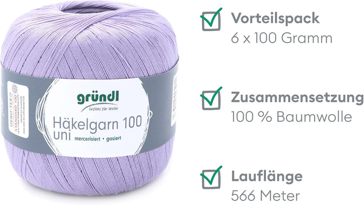Gründl 100 Häkelgarn, Baumwolle, flieder, 6 x 100 g, Flieder
