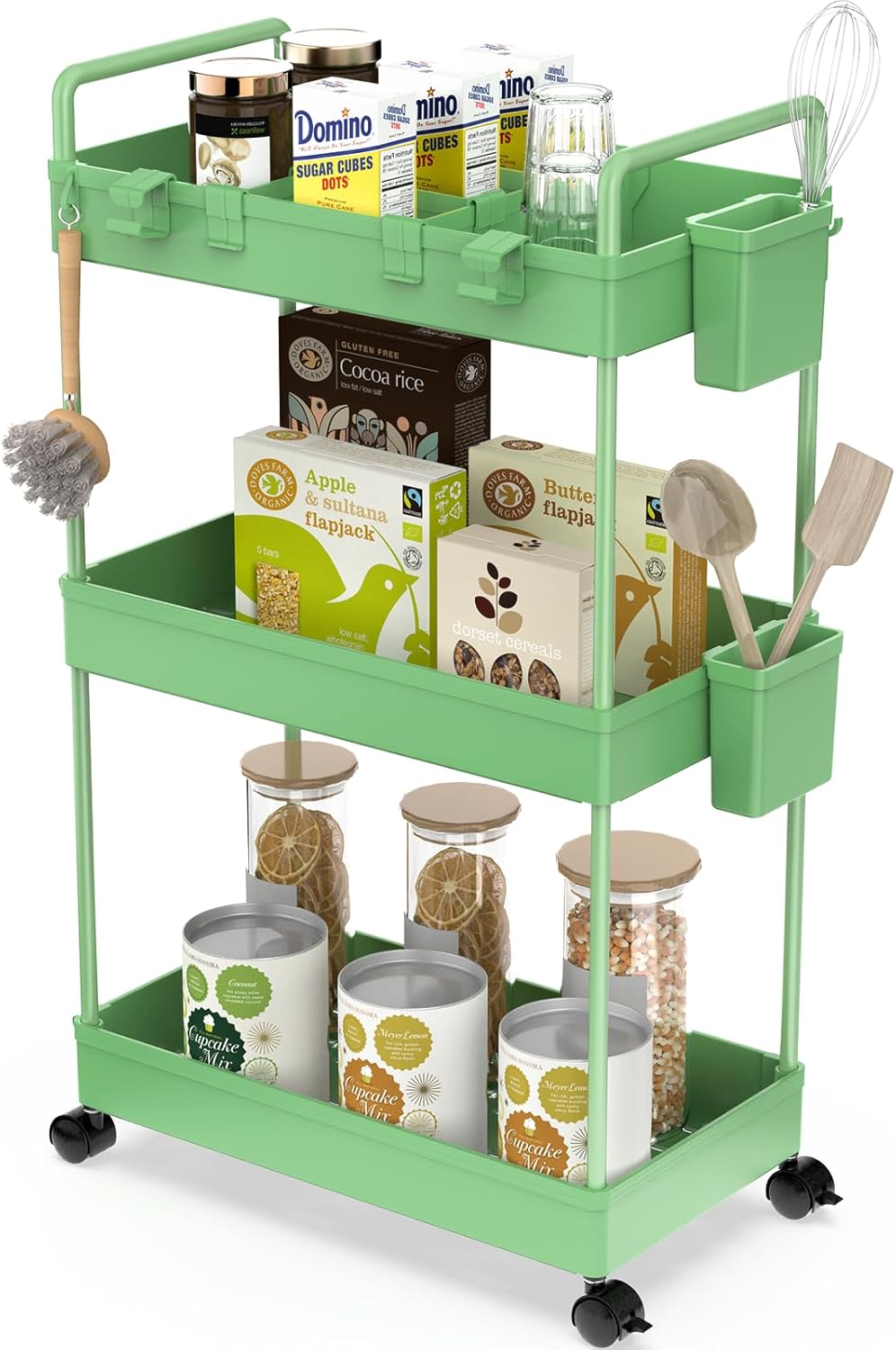 Ronlap Rollwagen Küchewagen mit 3 Ebenen, Servierwagen mit Aufhängebecher, Separator, Haken, Regal a