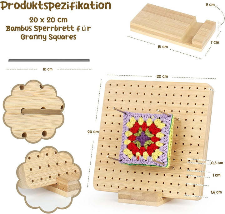 Coopay Granny Square Spanner, Wooden Granny Squares Blocking Board, 20 x 20 cm Sperrbrett Häkeln mit