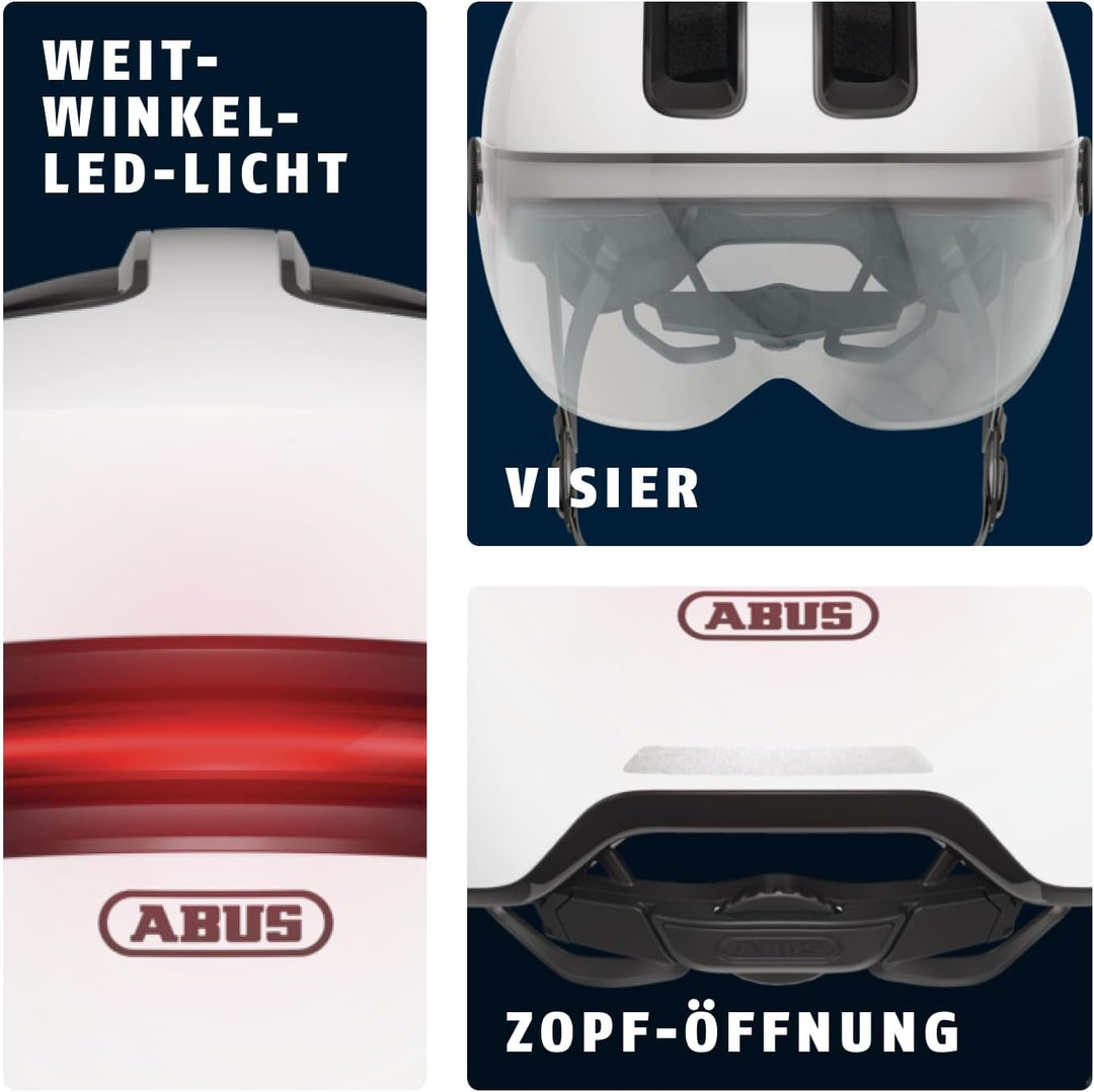 ABUS Stadthelm HUD-Y ACE - stylischer Fahrradhelm mit Visier und magnetischem, aufladbarem LED-Rückl