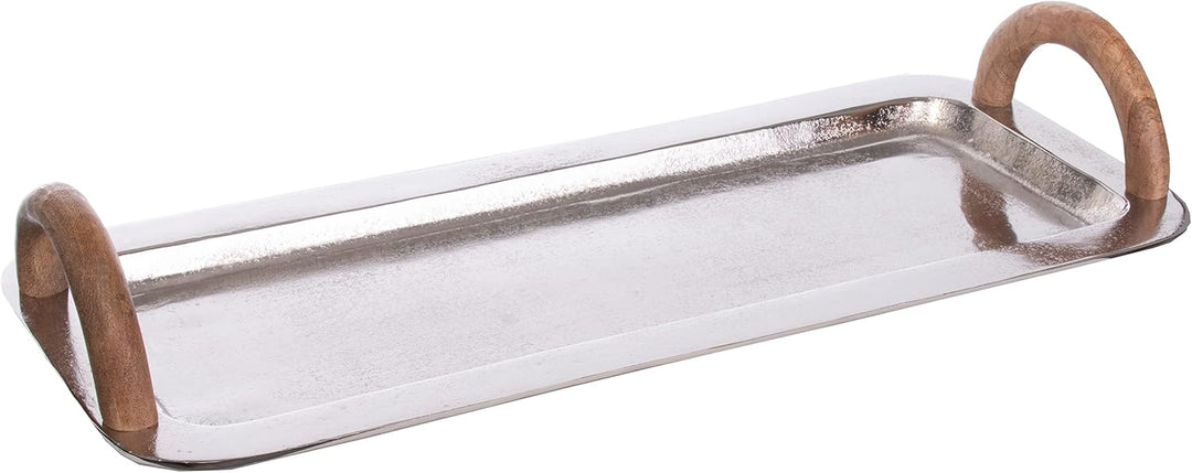 Brandsseller Serviertablett mit Holzgriffen ca. 55 x 23 cm Servierplatte Rechteckig Aluminium-Holz D