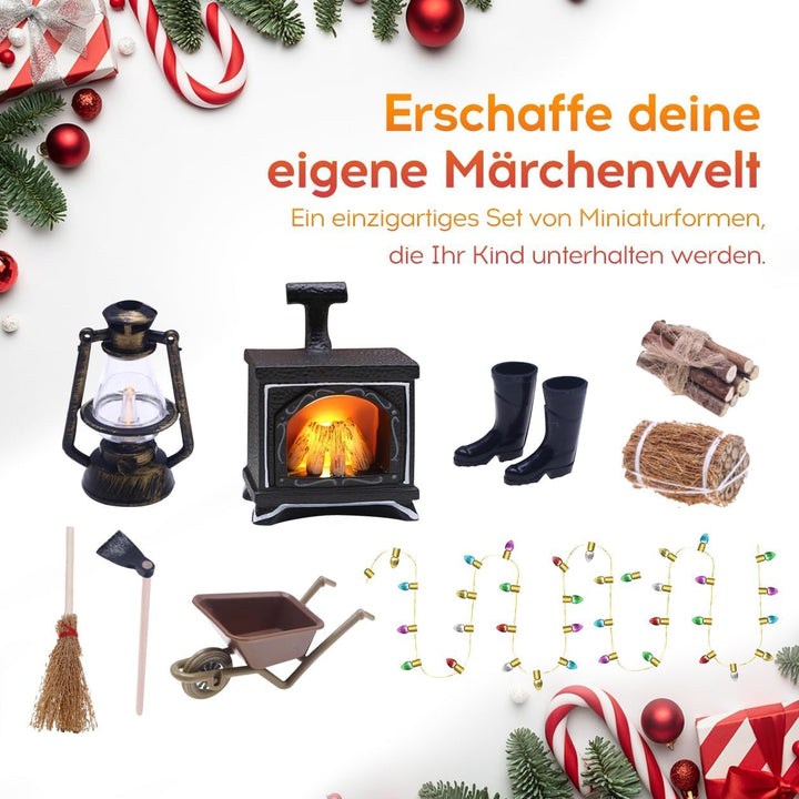 Puppenhaus Miniatur Zubehör Set, 13 Stück Wichtel Zubehör Weihnachten Möbel mit Grusskarten, Miniatu