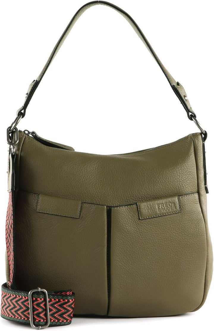 FREDsBRUDER Crilly Schultertasche Leder 28 cm Schwarz/Rot/Khaki/Dunkelgrün, Schwarz/Rot/Khaki/Dunkel