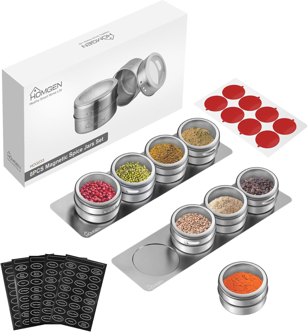 HOMGEN Gewürzdosen Magnetisch 8 Stück Edelstahl Gewürzgläser Set Magnet 100ml Gewürze Spice Jars Mag