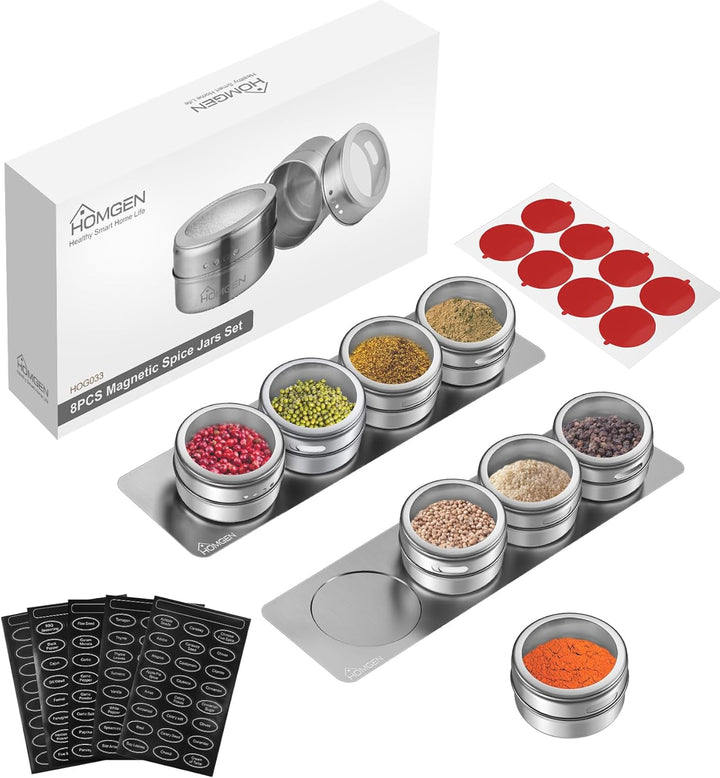 HOMGEN Gewürzdosen Magnetisch 8 Stück Edelstahl Gewürzgläser Set Magnet 100ml Gewürze Spice Jars Mag