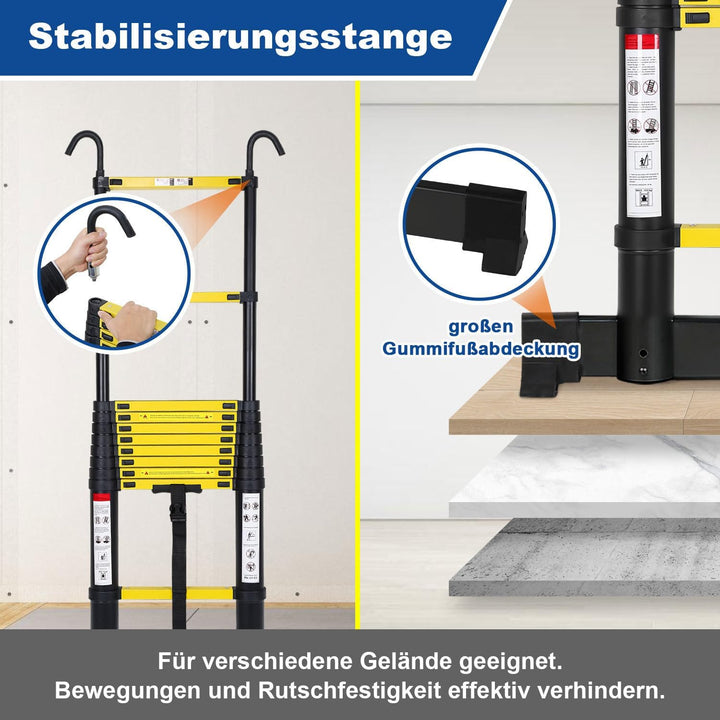 Aluminium Teleskopleiter 3.2M, Ausziehbare Leiter mit Stabilisator und Abnehmbaren Haken, Rutschfest