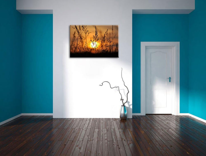 Gras bei Sonnenuntergang Format: 100x70 auf Leinwand, XXL riesige Bilder fertig gerahmt mit Keilrahm