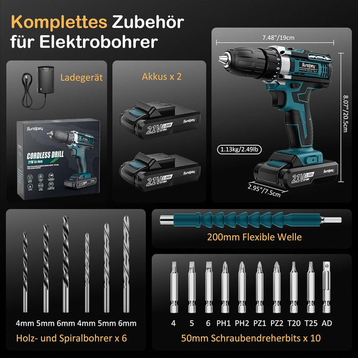 Sundpey Akkuschrauber 21V Akku Bohrmaschine - Akku Bohrschrauber mit 2x2000mAh Akku, 45 N.m Max, 2-G