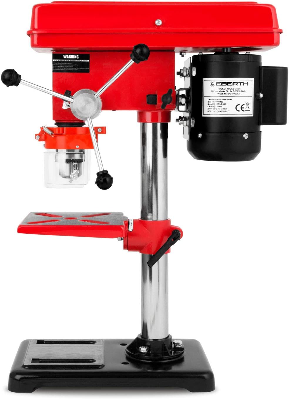 EBERTH Tischbohrmaschine 550 Watt, 50mm Spindelhub, 9 Geschwindigkeiten max. 2350U/Min, Standbohrmas