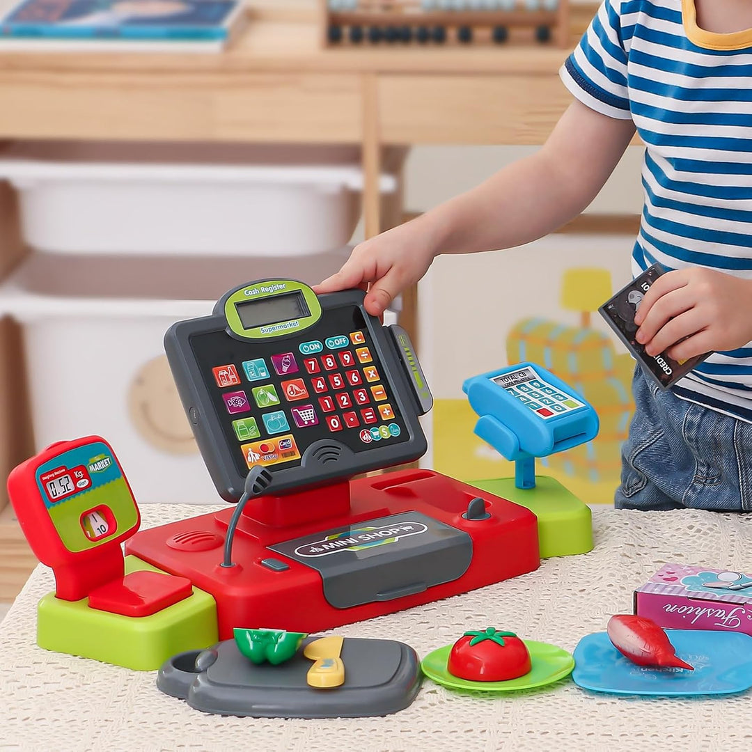 Kinderkasse Spielzeug Elektronisch Kasse Kaufladen Kinder mit Scanner, Einkaufswagen, Rechnerfunktio