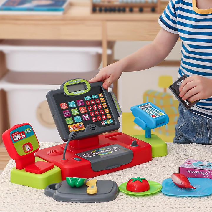 Kinderkasse Spielzeug Elektronisch Kasse Kaufladen Kinder mit Scanner, Einkaufswagen, Rechnerfunktio
