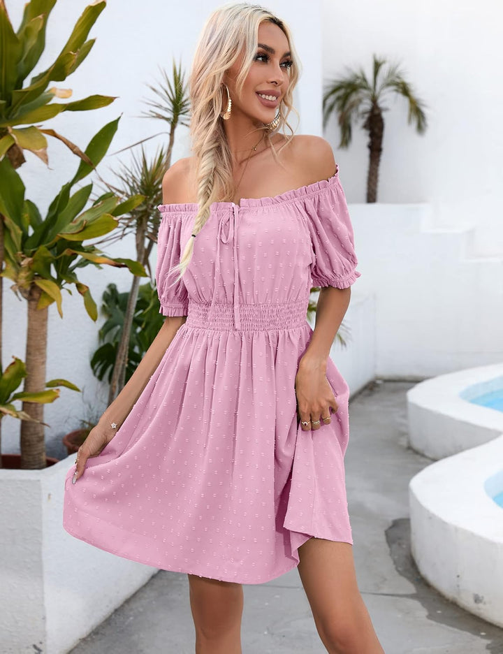 KOJOOIN Damen Kleider MiniKleid Swiss dot Kurzarm Puffärmel mit Rüsche trägerlos Kleider Tupfen Frei