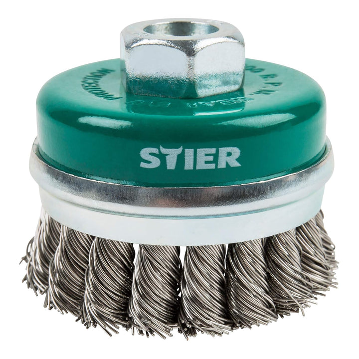 STIER Topfbürste Edelstahl, gezopfter Draht, für Winkelschleifer, Ø 65 mm, M14, Drahtstärke 0,5 mm,