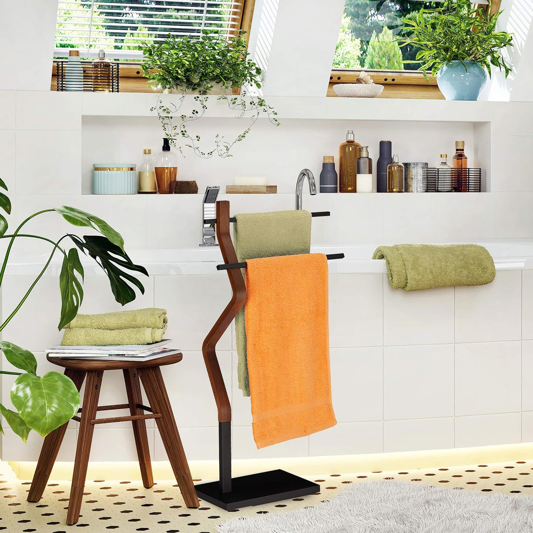 Relaxdays Handtuchhalter stehend, Handtuchständer, 2 Stangen, für Hand- & Geschirrtücher, Holz & Met