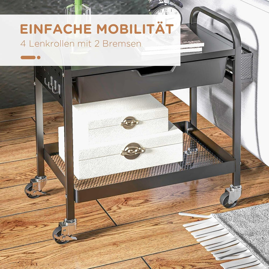 HOMCOM Servierwagen, Rollwagen mit 1 Schublade, 1 Ablage, Aufbewahrungswagen Beistellwagen mit Haken