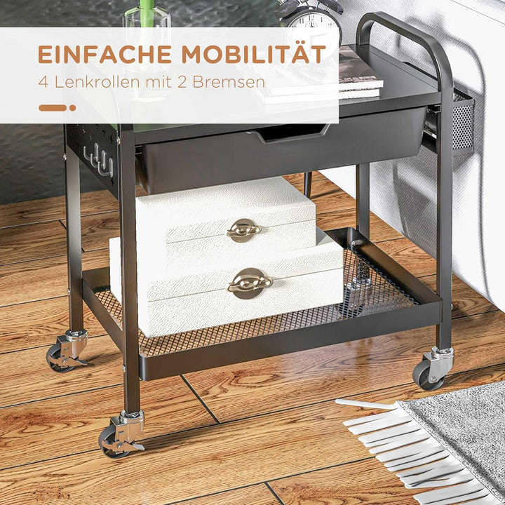 HOMCOM Servierwagen, Rollwagen mit 1 Schublade, 1 Ablage, Aufbewahrungswagen Beistellwagen mit Haken