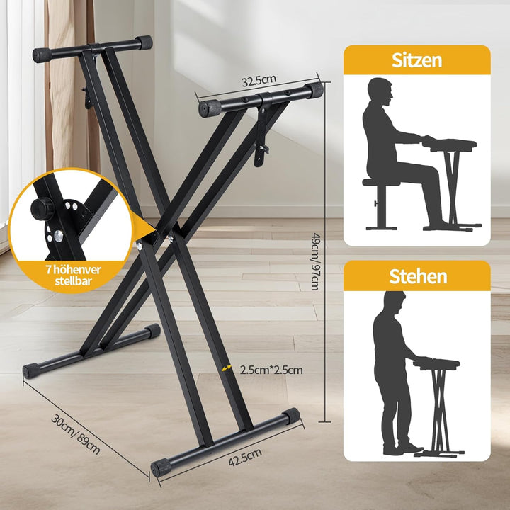 Trintion Keyboardständer Doppelstrebig Keyboard Ständer verstellbar 61 cm bis 98 cm Klappbar Zerlegb