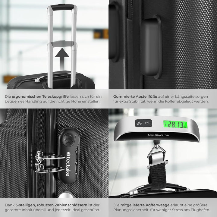 tectake® 3er Kofferset mit Kofferwaage & Kofferanhänger, Reisekoffer Set, ABS Hartschalenkoffer Set,