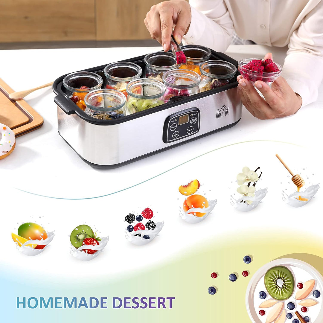 HOMCOM Joghurtbereiter 25W Joghurtmaschine mit LCD-Display 8 Joghurtgläser mit Deckel aus Glas 180ml