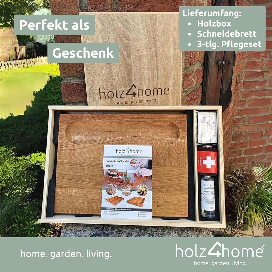 Holz4home Schneidebrett Set Alina Aus massiver Eiche in Geschenkbox mit Pflegeutensilien | Handgearb