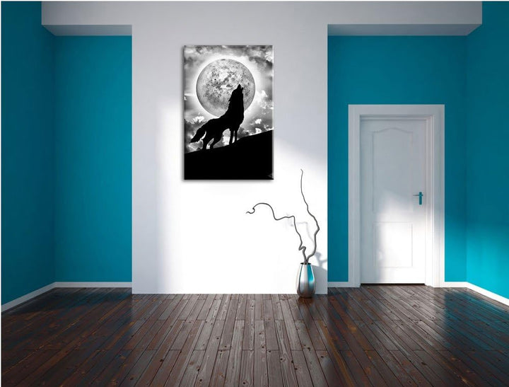 Pixxprint Wolf heult Mond an als Leinwandbild/Grösse: 100x70 cm/Wandbild/Kunstdruck/fertig bespannt,