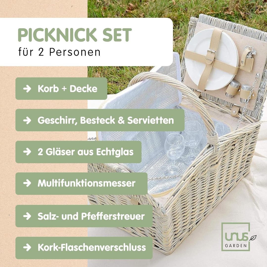 Nature by Kolibri Picknick Set 2 Personen mit Picknickkorb, Picknickdecke, Besteck und Geschirr
