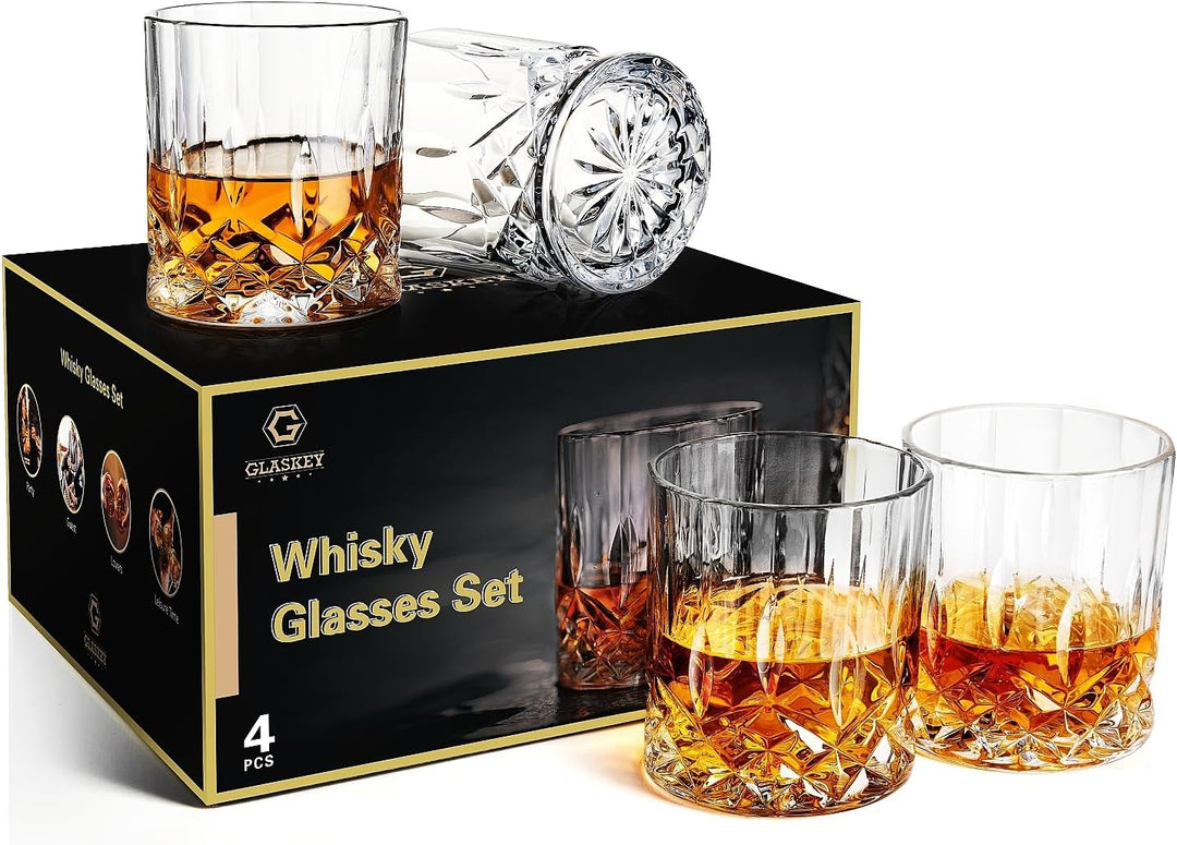 GLASKEY Whisky Gläser 4er Set,320ml Bleifreie Kristallwassergläser,Cocktail Rum Wodka Scotch Gin Cog