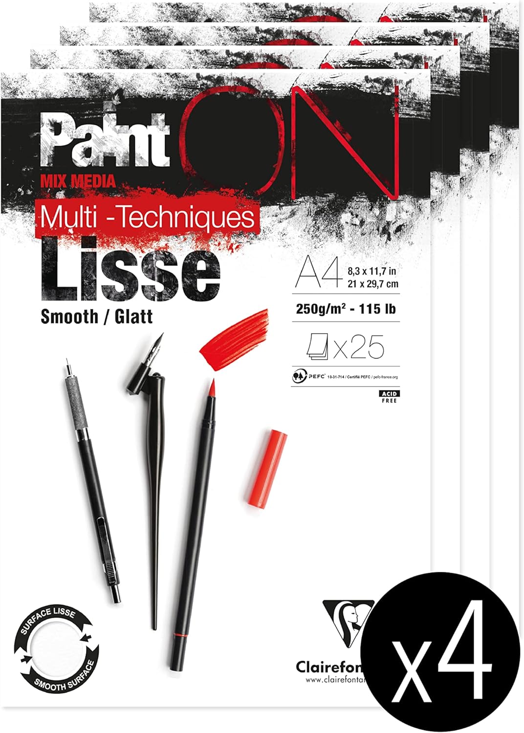 Clairefontaine 975729C - Packung mit 4 Blöcken Paint´ON Lisse/Glatt, DIN A4, kopfseitig geleimt, 25