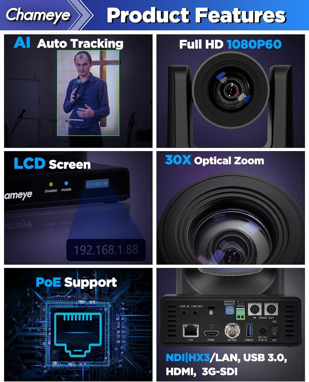 Chameye NDI PTZ Camera 30x Optical Zoom AI Auto Tracking PTZ Camera with LCD Display, NDI 3G-SDI IP