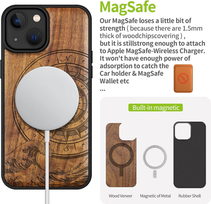 Carveit Handyhülle für iPhone 14 Holz Cover kompatibel mit MagSafe Massivholz für Apple 14 Stossfest