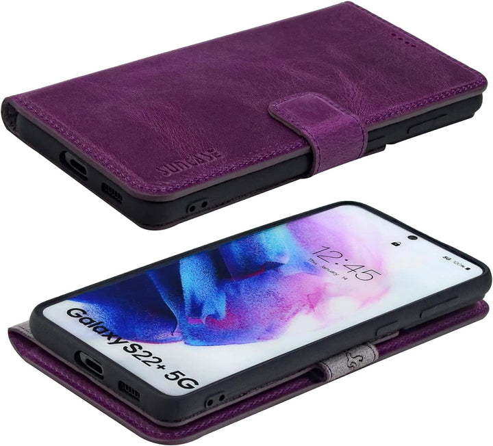 Suncase Book-Style Hülle kompatibel mit Samsung Galaxy S22 Plus 5G Leder Tasche (Slim-Fit) Lederhüll