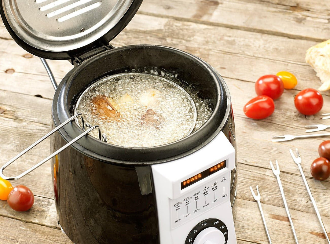 Rosenstein & Söhne Minifritteuse: 2er-Set kompakte Tisch-Fritteusen mit Fondue-Set, 0,9 Liter, 840 W