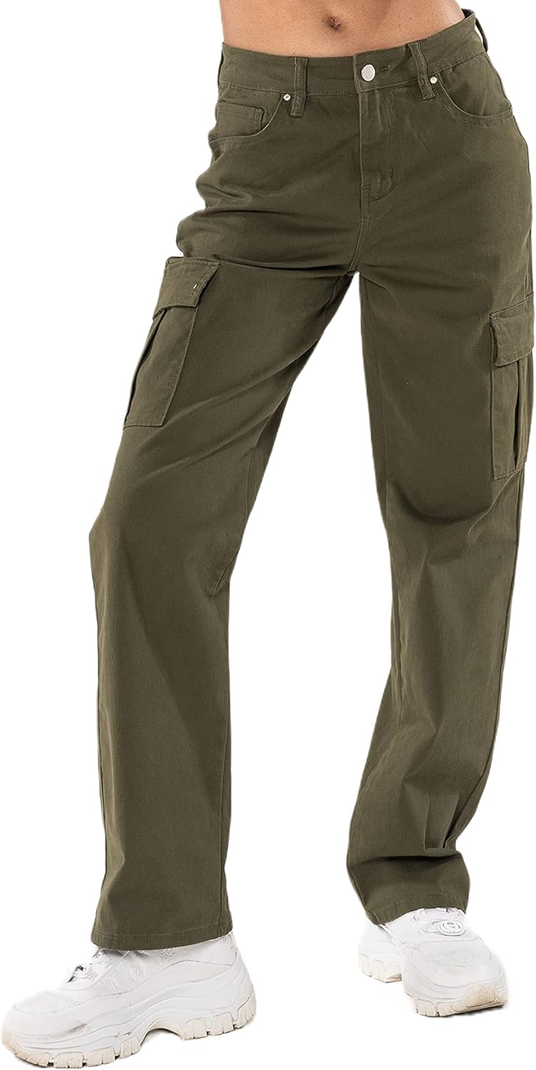 Nina Carter Q1885 Damen Cargo Jeans High Waist Cargohose Stretch Straight Leg Hose S Khaki (Q1885-2)