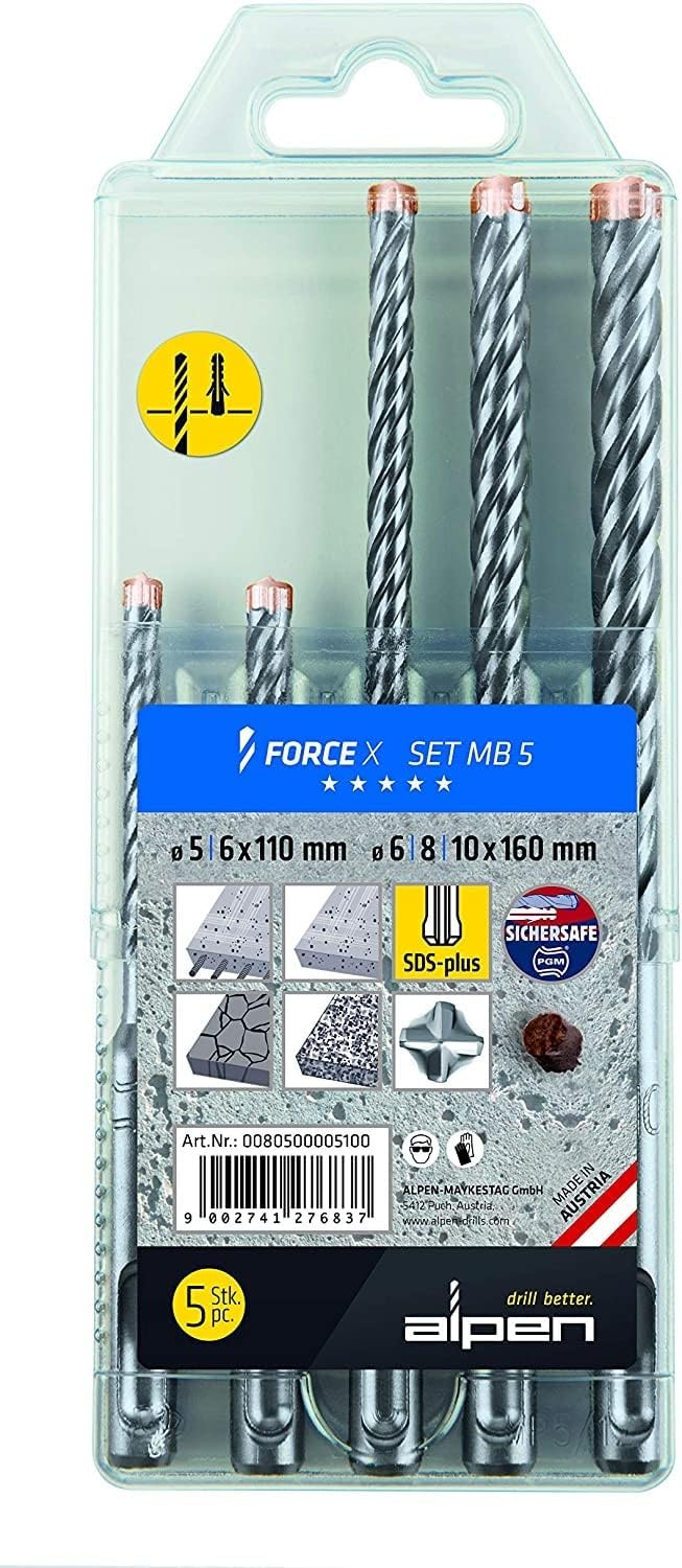 Alpen SDS-plus Hammerbohrerset FORCE X MB 5 mit Kunststoffbox (5-tlg, 4 Schneiden, Ø 5.0 - 10.0mm) 0