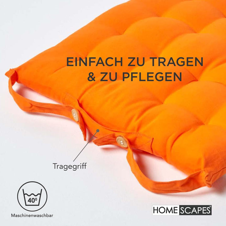 HOMESCAPES 4er Set Stuhlkissen 40 x 40 cm, orange, Sitzkissen mit Bändern und Knopfverschluss, einfa