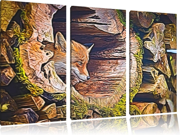 Fuchs im Baumstamm Spezial 3-Teiler Leinwandbild 120x80 Bild auf Leinwand, XXL riesige Bilder fertig