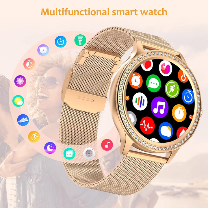 Nendefin Smartwatch Damen mit Telefonfunktion,Smart Watch mit Diamanten Armband,Sprachassistent Fitn