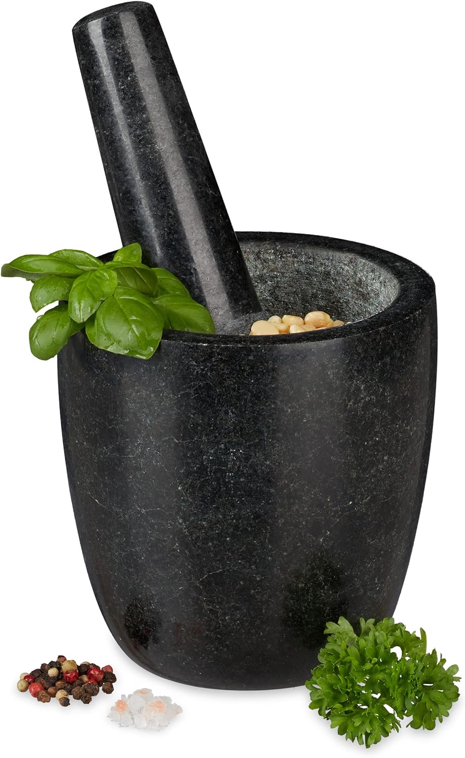 Relaxdays Granit Mörser mit Stössel, robust & langlebig, Gewürze, Kräuter, polierter Steinmörser, Ø
